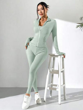 SHEIN EZwear دعسوقة خضراء مجموعة رياضية نسائية مكونة من جاكيت محبوك بأكمام طويلة وسترة وبنطلون رياضي