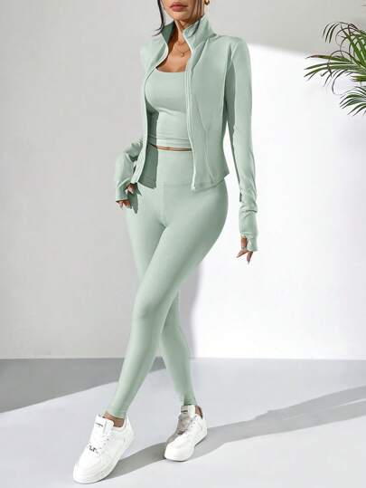 SHEIN EZwear دعسوقة خضراء مجموعة رياضية نسائية مكونة من جاكيت محبوك بأكمام طويلة وسترة وبنطلون رياضي