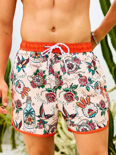 Manfinity Swimmode شورتات شاطئ موضة رجالية مناسبة للصيف، هواويان