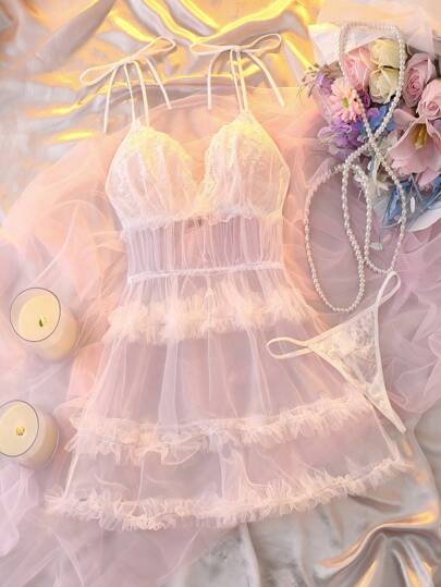 لانجيري حريمي DelicateAllure قطعتان من الرداء الليلي النسائي الشفاف المزين بالتطريز والأزهار، جذاب وأنيق
