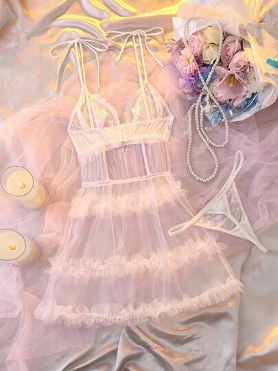 لانجيري حريمي DelicateAllure قطعتان من الرداء الليلي النسائي الشفاف المزين بالتطريز والأزهار، جذاب وأنيق