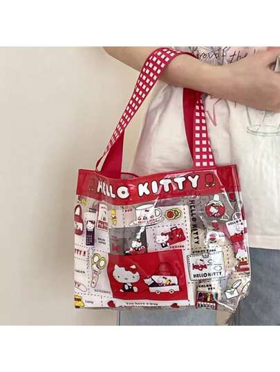 Sanrio حقيبة يد كاواي رسوم متحركة كارتونية لهيلو كيتي الحمراء، حقيبة تجميل بلاستيكية شفافة سعة كبيرة محمولة، حقيبة تخزين، حقيبة تسوق ، حقائب للنساء، حقيبة كتف