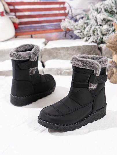 بوت ثلج مبطنة بالبطانة الفلينية للنساء، بأعلى متوسط الساق بشكل دائري، كعب مسطح، مقاسات واسعة، مقاومة للماء وانزلاق، بوت عالية السطح، مقاومة للبرد، بوت أم، لون أسود