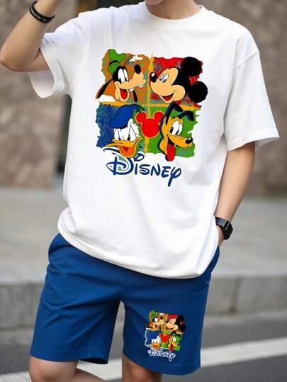 Disney مجموعة قصيرة الأكمام مكونة من قميص وشورت قطعتين، طبعات كرتونية من ديزني عنصر رجالية ، لفصل الصيف