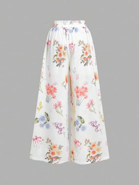 SHEIN MOD بنطلون نسائي بخصر مطاطي وسحاب، طباعة زهور، ساق واسعة، بنطلون صيفي، ملابس سفر للمرأة، ملابس غربية للمرأة، ملابس شاطئ للمرأة، ملابس شاطئ، بوهو، بنطلون أبيض، بنطلون ساق واسعة، ملابس كاجوال للعمل، بنطلون ربيع/صيف، بنطلون زهور للنساء