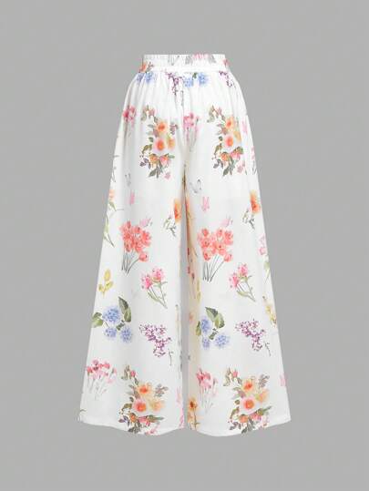 SHEIN MOD بنطلون نسائي بخصر مطاطي وسحاب، طباعة زهور، ساق واسعة، بنطلون صيفي، ملابس سفر للمرأة، ملابس غربية للمرأة، ملابس شاطئ للمرأة، ملابس شاطئ، بوهو، بنطلون أبيض، بنطلون ساق واسعة، ملابس كاجوال للعمل، بنطلون ربيع/صيف، بنطلون زهور للنساء