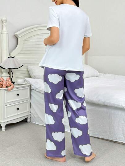 Shein Underwear&Sleepwear Maternity بدلة بيجاما الحمل الكاجوال مطبوعة بأكمام قصيرة وبنطلون طويل
