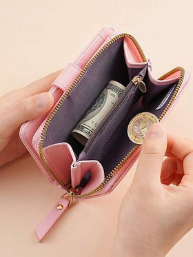 محفظة جيب بسوستة واحدة وزر كبس، تحتوي على فتحات بطاقات بسعة كبيرة، محفظة بسيطة أنثوية باللون الوردي، محفظة صغيرة، محفظة جميلة