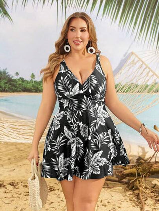 Swim Lushoire مجموعة ملابس سباحة مقاسات كبيرة للنساء مطبوعة بطبعة نباتية استوائية الحمالات رباط منفصلة