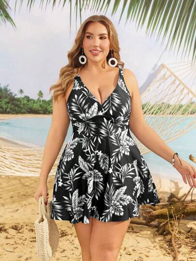 Swim Lushoire مجموعة ملابس سباحة مقاسات كبيرة للنساء مطبوعة بطبعة نباتية استوائية الحمالات رباط منفصلة