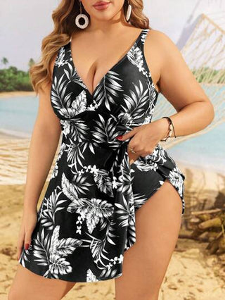 Swim Lushoire مجموعة ملابس سباحة مقاسات كبيرة للنساء مطبوعة بطبعة نباتية استوائية الحمالات رباط منفصلة