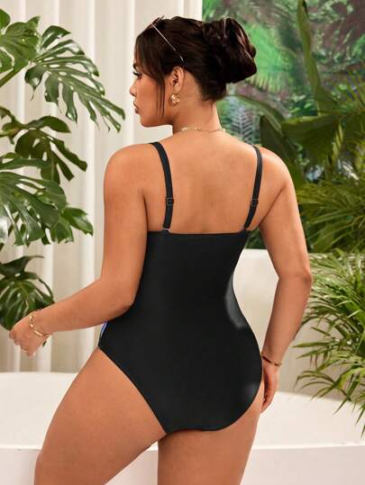SHEIN Swim Curve ملابس سباحة بطبعة زهور السوسن مونوكيني مع أحزمة قابلة للفصل لحجم كبير للنساء ، للاسترخاء والعطلات الصيفية
