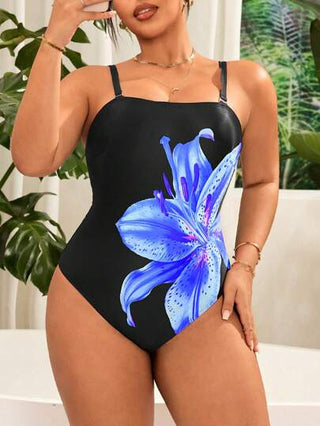 SHEIN Swim Curve ملابس سباحة بطبعة زهور السوسن مونوكيني مع أحزمة قابلة للفصل لحجم كبير للنساء ، للاسترخاء والعطلات الصيفية