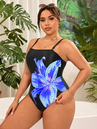 SHEIN Swim Curve ملابس سباحة بطبعة زهور السوسن مونوكيني مع أحزمة قابلة للفصل لحجم كبير للنساء ، للاسترخاء والعطلات الصيفية