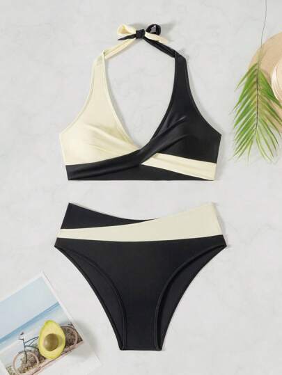 Swim بيكيني مكون من قطعتين للنساء بتصميم ملفوف متقاطع من الأمام وبنقشة لونين وياقة هلتر مشقوقة لارتداء الشاطئ صيفًا