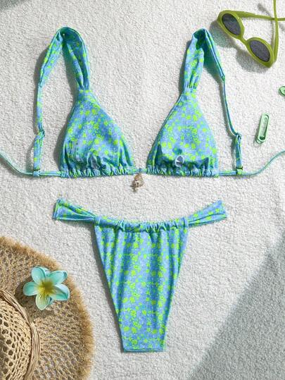 Swim Mod مجموعة بكيني نسائية صيفية مثيرة مع سيقان رفيعة وطبعات عشوائية مزينة بالزهور واللؤلؤ، سوبرباتوم وأعلى قطعتين