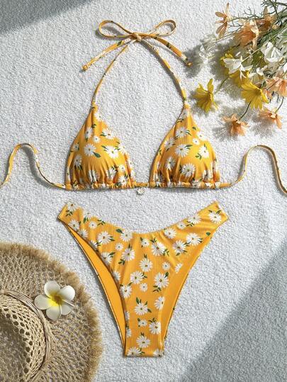 Swim Vcay 2 قطعة/مجموعة، بيكيني صيفي بحلة أبيضاء منسوجة بشكل متقطع بطبعة الأقحوان ولون أصفر كروب توب مخطط وسروال بيكيني عالي القطع، ملابس سباحة جذابة