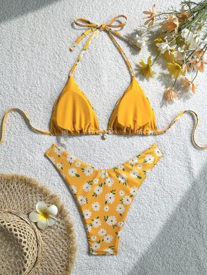 Swim Vcay 2 قطعة/مجموعة، بيكيني صيفي بحلة أبيضاء منسوجة بشكل متقطع بطبعة الأقحوان ولون أصفر كروب توب مخطط وسروال بيكيني عالي القطع، ملابس سباحة جذابة