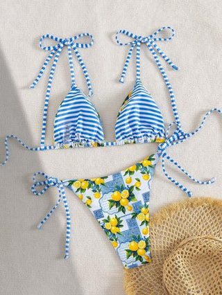 Swim Vcay طقم بكيني عطلة أنيق مطبوع بتصميم ياقة العقدة وشريط وشكل الليمون للنساء في الصيف وموسم المهرجانات الموسيقية على الشاطئ