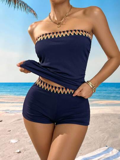 طقم تانكيني حريمي Swim Basics مجموعة بنطلون سباحة رياضي مخطط بكشكشة على الساحل للنساء في الصيف