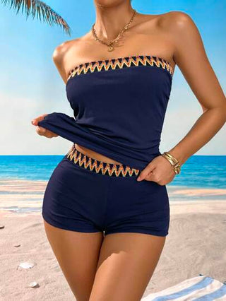طقم تانكيني حريمي Swim Basics مجموعة بنطلون سباحة رياضي مخطط بكشكشة على الساحل للنساء في الصيف