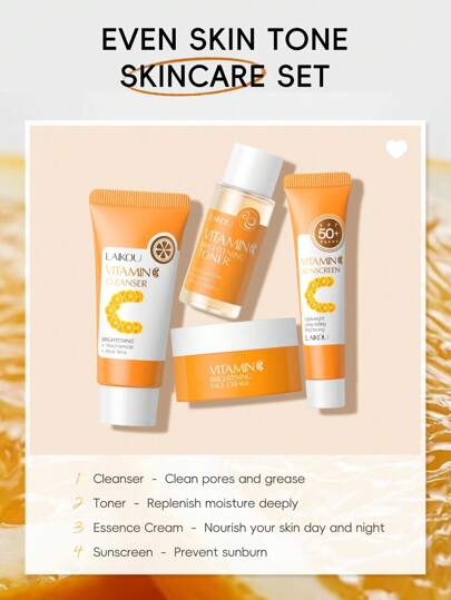 مجموعة ترطيب وتفتيح LAIKOU VITAMIN C TRAVEL KIT 4 قطع (مطهر صحي للوجه 20جرام ومرطب مائي للبشرة 20 مل ومرطب للوجه بالتغذية 8 جرام ولوشن واقي الشمس ذو الطيف العريض SPF50 + 10 جرام)، حقيبة هدايا للعناية بالبشرة العميقة للنساء والفتيات ومنتج للعناية...