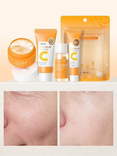 مجموعة ترطيب وتفتيح LAIKOU VITAMIN C TRAVEL KIT 4 قطع (مطهر صحي للوجه 20جرام ومرطب مائي للبشرة 20 مل ومرطب للوجه بالتغذية 8 جرام ولوشن واقي الشمس ذو الطيف العريض SPF50 + 10 جرام)، حقيبة هدايا للعناية بالبشرة العميقة للنساء والفتيات ومنتج للعناية...