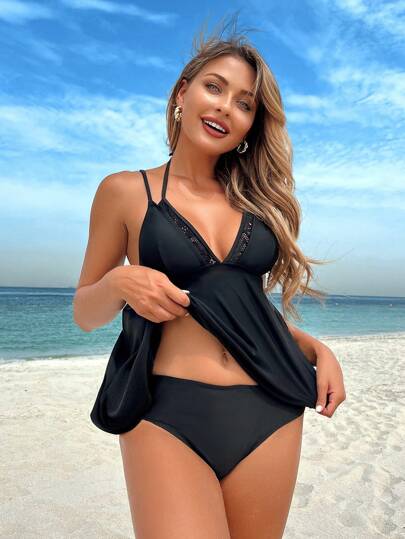 طقم تانكيني حريمي Swim Lushoire سترة صيفية للنساء ذات لون واحد، ملابس علوية بيكيني