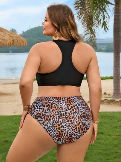 SHEIN CURVE+ طقم بكيني بناتي مقاسات كبيرة برسومات النمر 3 قطع ذو تركيب فضفاض للاستخدام في الشاطئ والعطلات