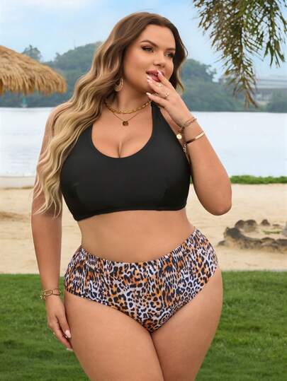 SHEIN CURVE+ طقم بكيني بناتي مقاسات كبيرة برسومات النمر 3 قطع ذو تركيب فضفاض للاستخدام في الشاطئ والعطلات