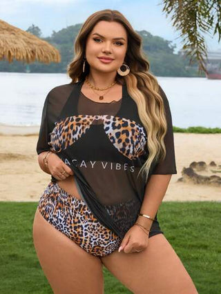 SHEIN CURVE+ طقم بكيني بناتي مقاسات كبيرة برسومات النمر 3 قطع ذو تركيب فضفاض للاستخدام في الشاطئ والعطلات