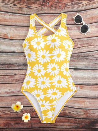مايوه حريمي قطعة واحدة Swim SPRTY ملابس سباحة قطعة واحدة جديدة لصيف، بياقة مستديرة وبلا أكمام وظهر متقاطع، مطبوعة بنقشات زهرية للشاطئ والرياضة