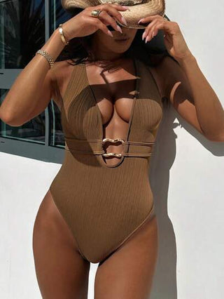 مايوه حريمي قطعة واحدة Swim SXY بدلة سباحة قطعة واحدة للنساء للاستخدام اليومي على الشاطئ، مزينة بأشكال حلقية معدنية، قطعة واحدة بارتداء علوي بوهيمي مجعد