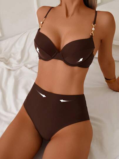 Swim Basics طقم بكيني جديد للصيف مع رفع للصدر وأشرطة قابلة للتعديل بخصر عالي، أشرطة سباغيتي ذي لون أحادي الصمام