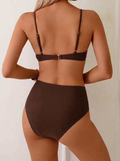 Swim Basics طقم بكيني جديد للصيف مع رفع للصدر وأشرطة قابلة للتعديل بخصر عالي، أشرطة سباغيتي ذي لون أحادي الصمام