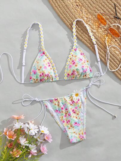 Swim Mod شورت سحاب صغير بطبعة زهور استوائية متناثرة، مجموعة ملابس السباحة المكونة من 2 قطعة، بيكيني مزين بالزهور، لأجواء الشاطئ والعطلات الاستوائية الرائعة، مناسبة لفصلي الربيع والصيف
