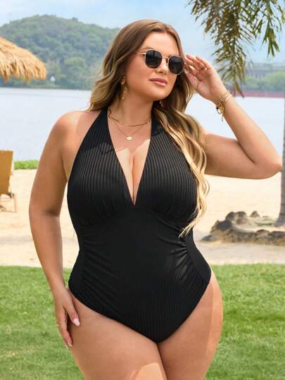 SHEIN CURVE+ بدلة سباحة قطعة واحدة من نسيج مقصب للنساء ذوات الحجم الكبير مع كسرات على البطن، مناسبة للصيف