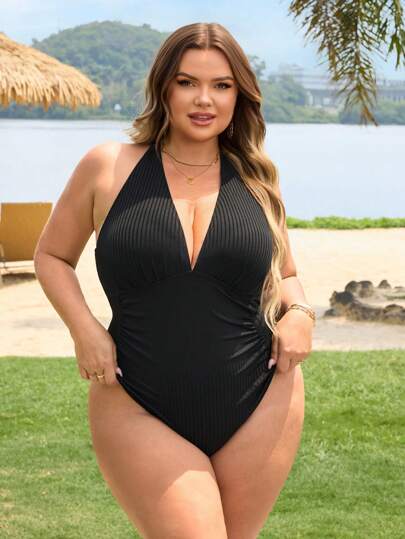 SHEIN CURVE+ بدلة سباحة قطعة واحدة من نسيج مقصب للنساء ذوات الحجم الكبير مع كسرات على البطن، مناسبة للصيف