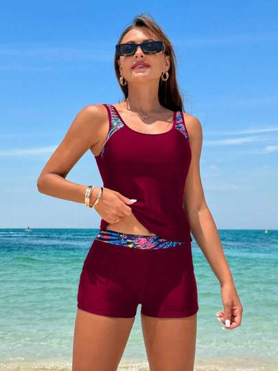 طقم تانكيني حريمي Swim Lushoire مجموعة تانكيني لونين متماثلين، قمصان أكمام وشورتات لملابس السباحة لفصل الصيف