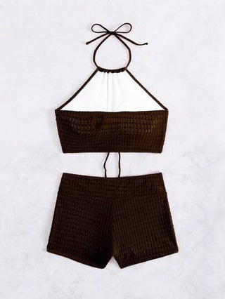 طقم تانكيني حريمي Swim مجموعة ملابس علوية قصيرة مُكشوفة الظهر ذات عنق مربوط و شورت خصر عالي بلون بني، بدلة سباحة كاجوال لحفلات ،أعياد ،نزهات على الشاطىء للنساء 2 قطعة/طقم