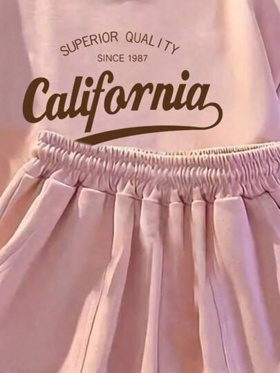 girls-sets طقم صيفي للبنات بطبعة كاليفورنيا منذ عام 1987 ، تي شيرت بأكمام قصيرة وشورت كاجوال مع جيوب أنيقة ، مناسب للخارج