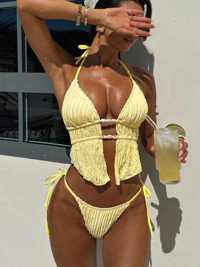 طقم تانكيني حريمي مجموعة بكيني نسائية مخططة من نسيج جاكار لفصل الصيف، ذات حمالات وظهر مكشوف وسحاب، مثير وجميل لارتدائه على الشاطئ، ملابس سباحة منفصلة للسيدات