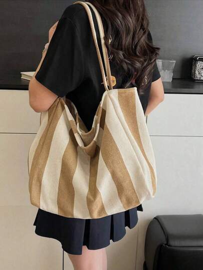 حقيبة كانفاس بخطوط على الطراز الكوري الرجعي، حقيبة كتف كاجوال واسعة السعة، مناسبة للنساء للسفر والعطلات