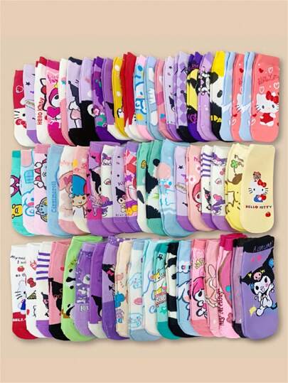 Sanrio 5/6/10/15/20/30 زوج جوارب قصيرة مطبوعة باشكال ساريو مهواة للصيف، تسحب الرطوبة