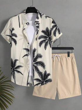 Manfinity Swimmode مجموعة قميص قصير الأكمام مطبوع بشجر جوز الهند مع شورتات بسحاب للسباحة للصيف , طراز هاواي