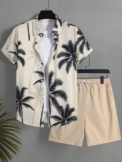 Manfinity Swimmode مجموعة قميص قصير الأكمام مطبوع بشجر جوز الهند مع شورتات بسحاب للسباحة للصيف , طراز هاواي
