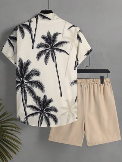 Manfinity Swimmode مجموعة قميص قصير الأكمام مطبوع بشجر جوز الهند مع شورتات بسحاب للسباحة للصيف , طراز هاواي