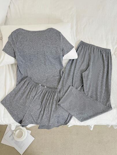 SHEIN طقم بيجاما قصير الأكمام مزخرف برسومات قطة، 3 قطع