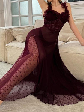 Seduluxe فستان نوم طويل من الدانتيل والشبك الزهري مع حمالات رفيعة وتصميم الخصر، ملابس داخلية شفافة، فستان ليلي طويل من الدانتيل