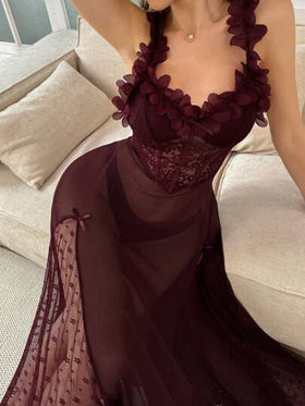 Seduluxe فستان نوم طويل من الدانتيل والشبك الزهري مع حمالات رفيعة وتصميم الخصر، ملابس داخلية شفافة، فستان ليلي طويل من الدانتيل